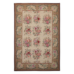 6x9 Ivory, Teal, Brown Color Hand Woven French Needlepoint Wool Traditional Oriental Rug