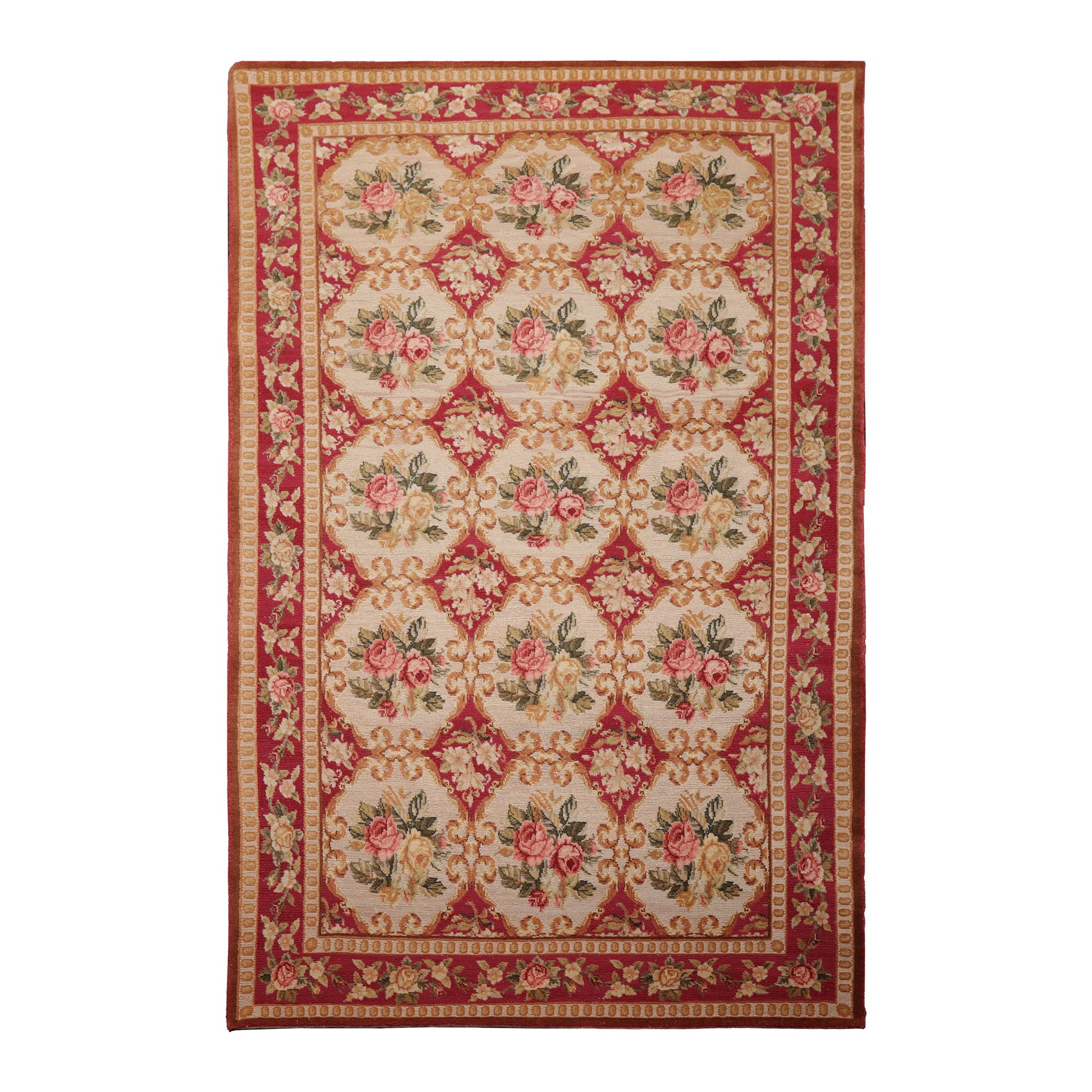 6x9 Beige, Fuschia, Green Color Hand Knotted Aubusson Savonnerrie Wool Traditional Oriental Rug