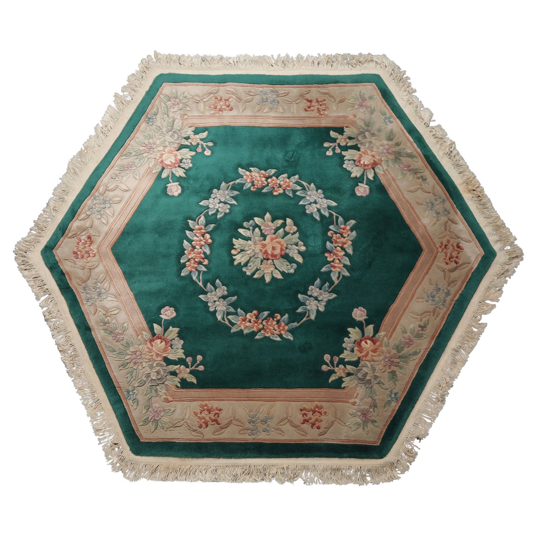 Square Emerald, Tan, Taupe Color Hand Knotted Aubusson Savonnerrie Wool Traditional Oriental Rug