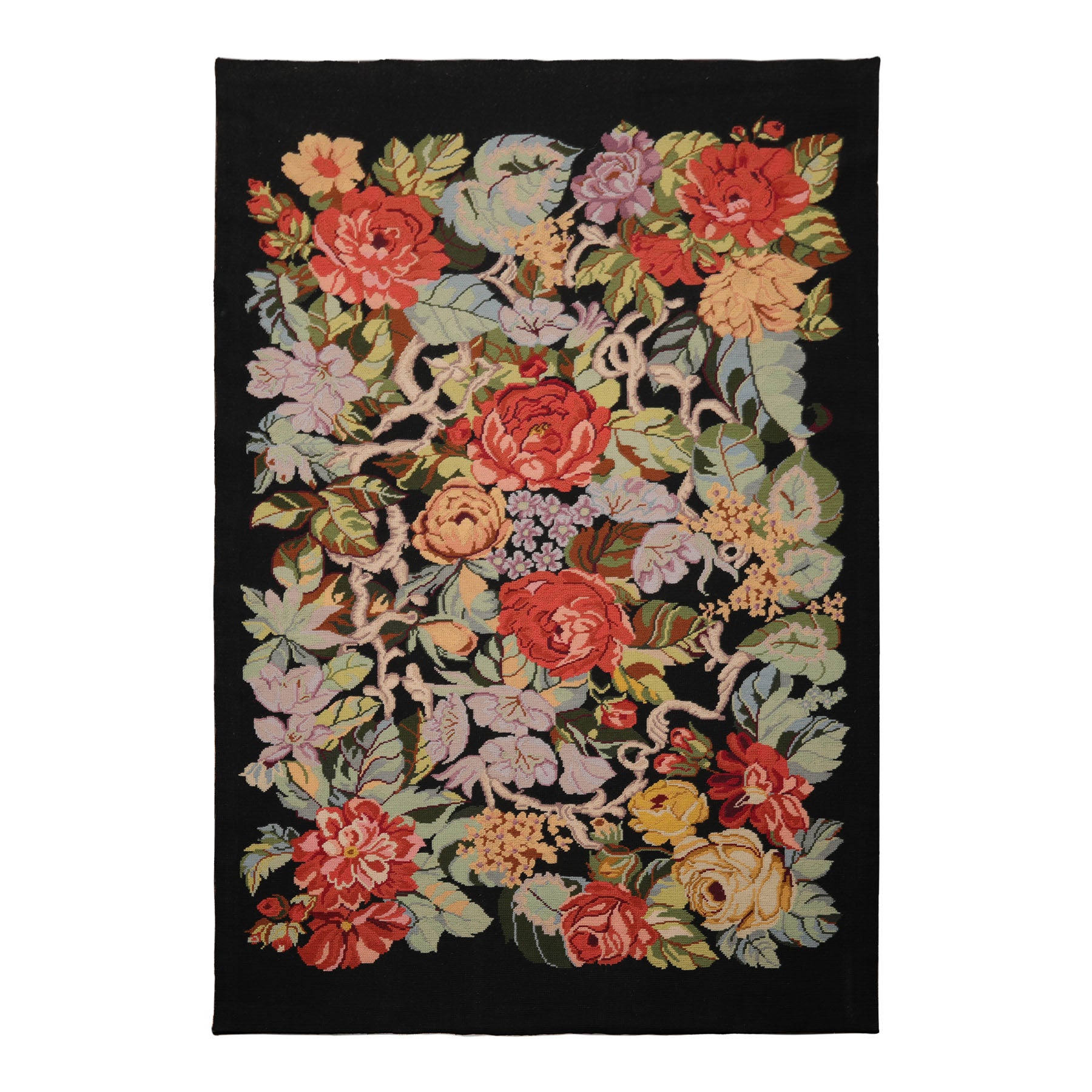 6x9 Black, Green, Coral Color Hand Woven Needlepoint Wool Traditional Oriental Rug