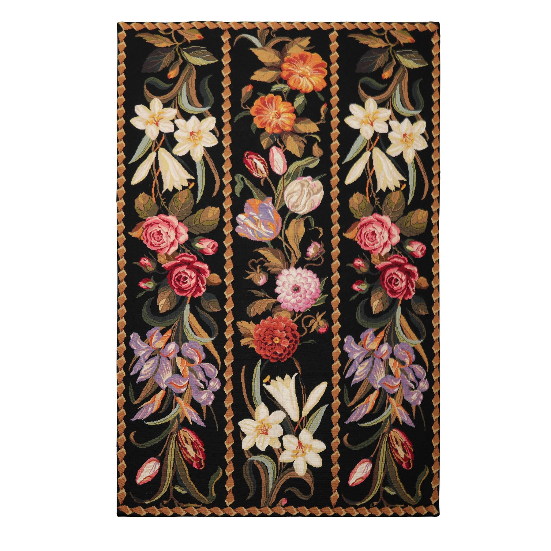 6x9 Black, Gold, Pink Color Hand Woven French Needlepoint Wool Traditional Oriental Rug