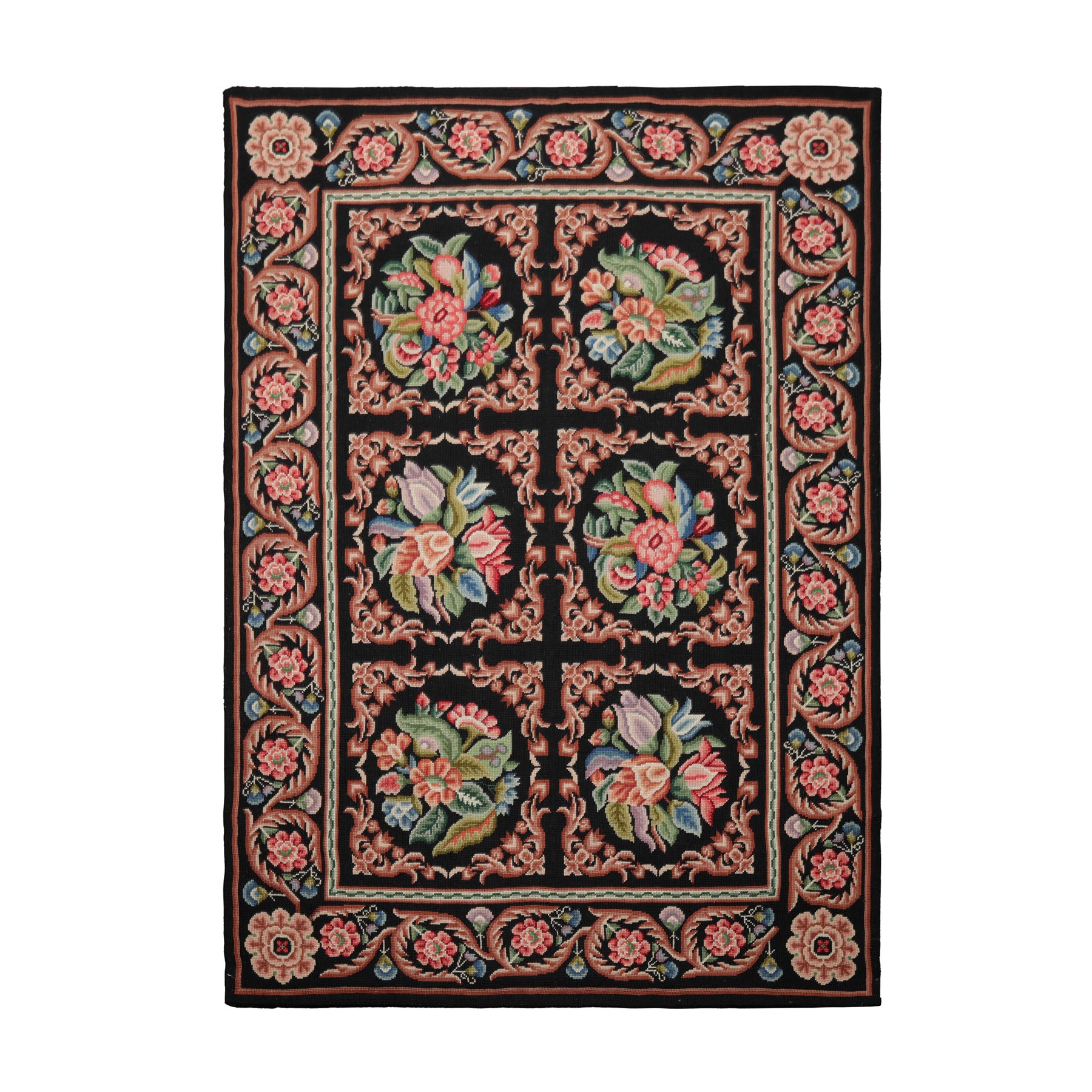 6x9 Black, Rust, Ivory Color Hand Woven Needlepoint Wool Traditional Oriental Rug