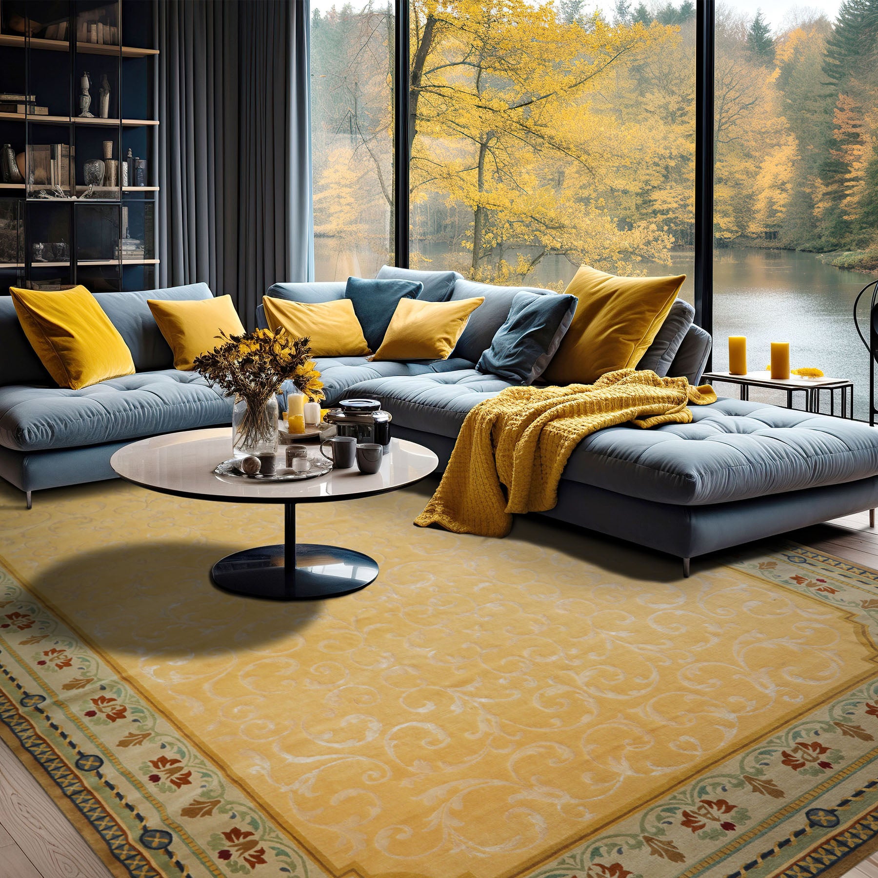 Oversize Light Gold, Mint, Navy Color Hand Knotted Tibetan? Wool and Silk Traditional Oriental Rug