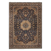 9x13 Navy, Ivory, Beige Color Hand Knotted Kashan Wool Traditional Oriental Rug