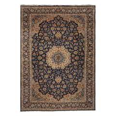 9x13 Navy, Ivory, Beige Color Hand Knotted Kashan Wool Traditional Oriental Rug