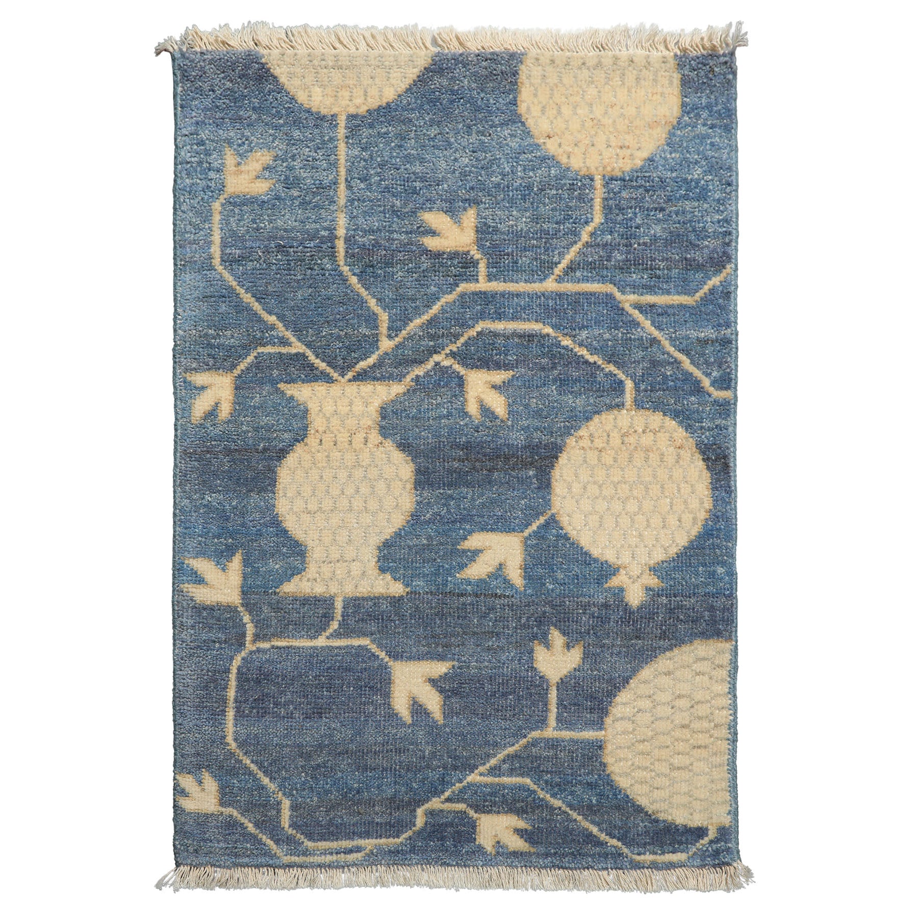 2x3 Blue, Beige, Ivory Color Hand Knotted Afghan Oushak Wool Transitional Oriental Rug