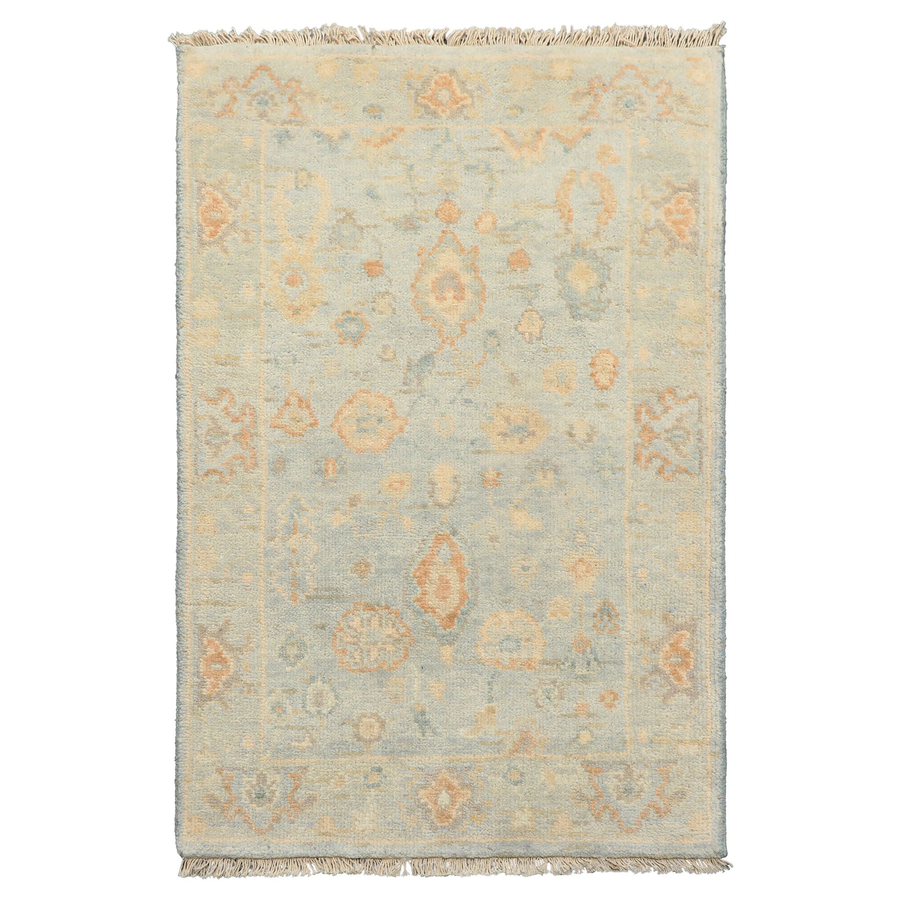 2x3 Blue, Beige, Caramel Color Hand Knotted Oushak Wool Transitional Oriental Rug