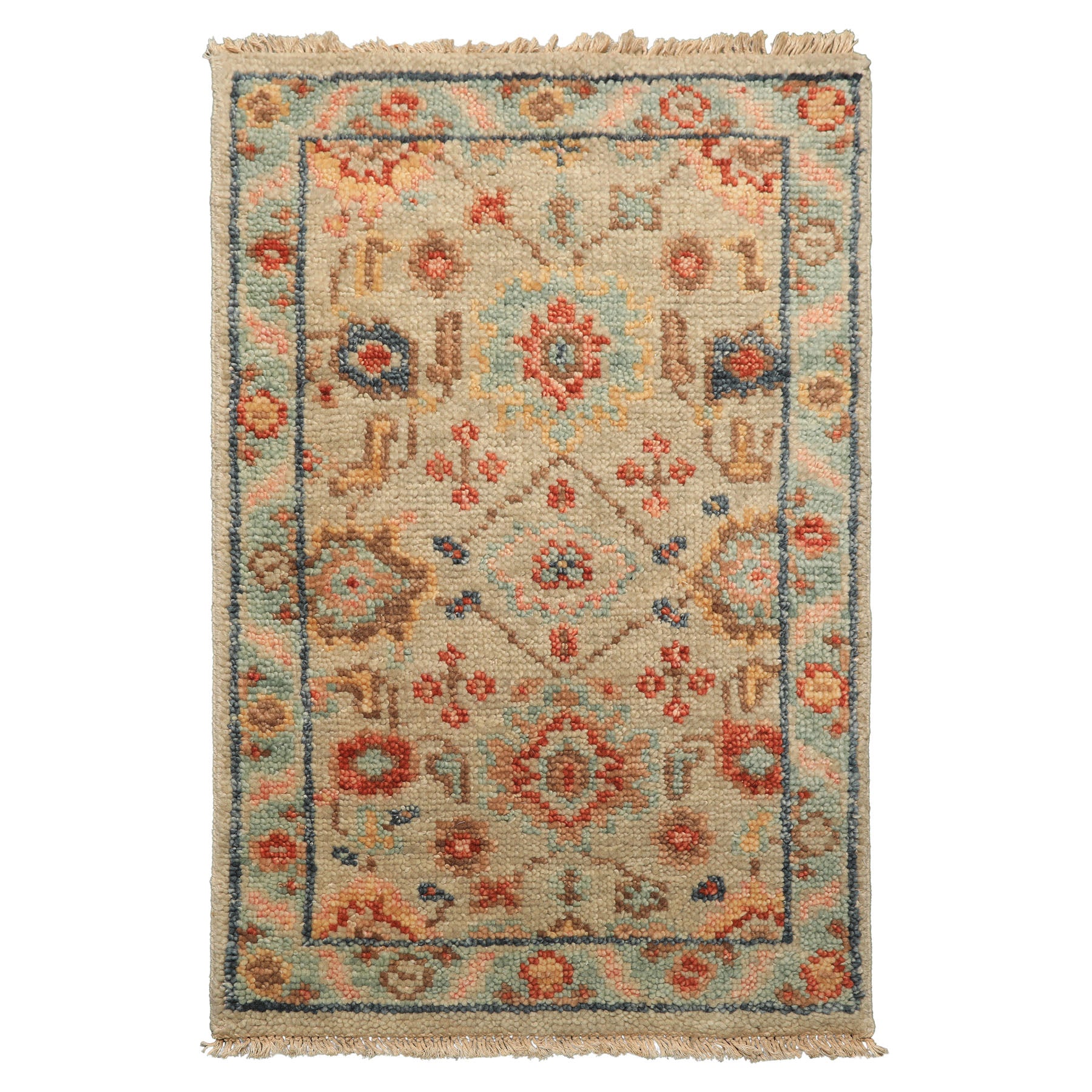 2x3 Beige, Aqua, Rust Color Hand Knotted Oushak Wool Transitional Oriental Rug