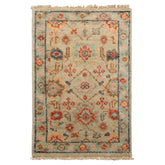 2x3 Beige, Aqua, Rust Color Hand Knotted Oushak Wool Transitional Oriental Rug