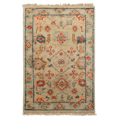 2x3 Beige, Aqua, Rust Color Hand Knotted Oushak Wool Transitional Oriental Rug