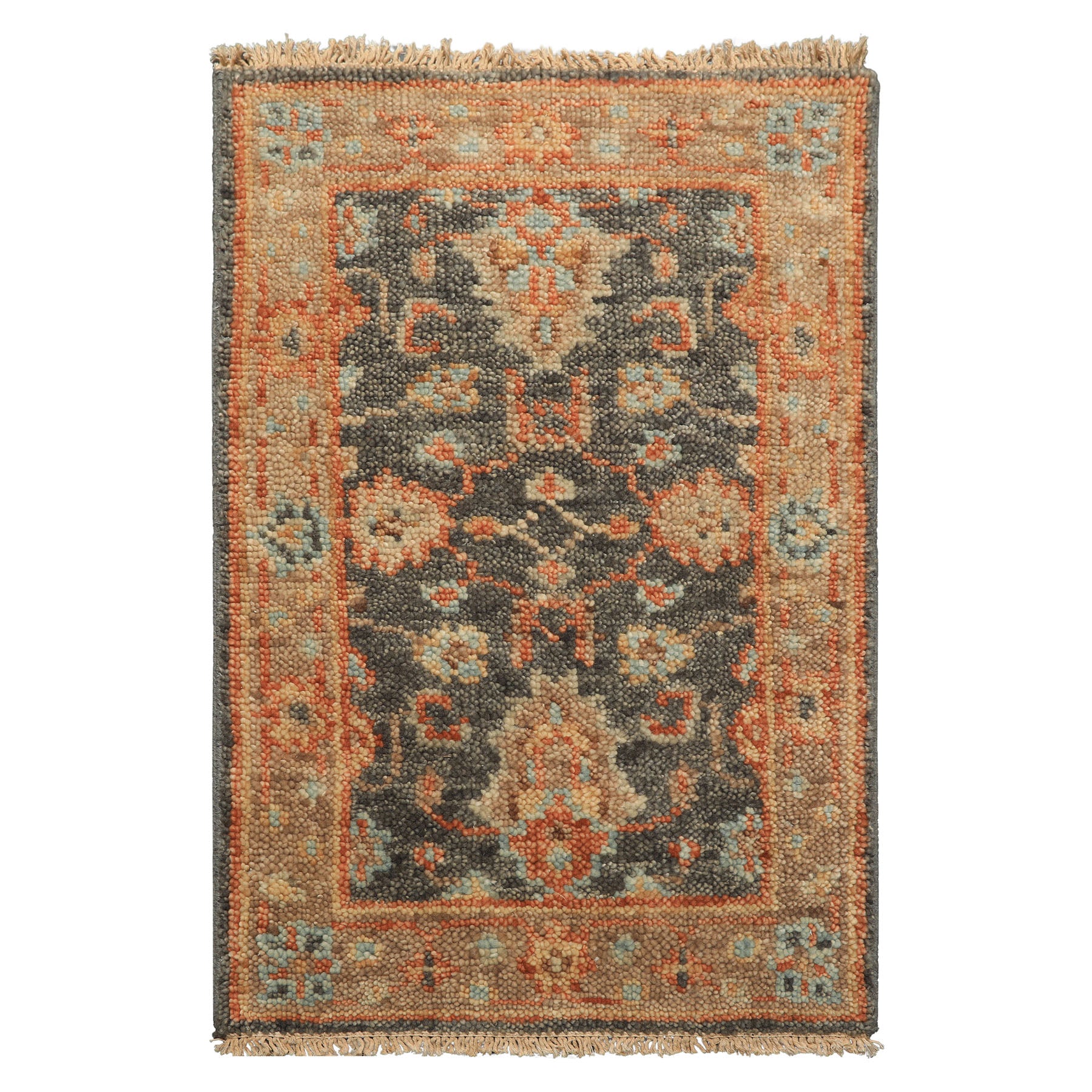 2x3 Slate, Gray, Burnt Orange Color Hand Knotted Oushak Wool Transitional Oriental Rug