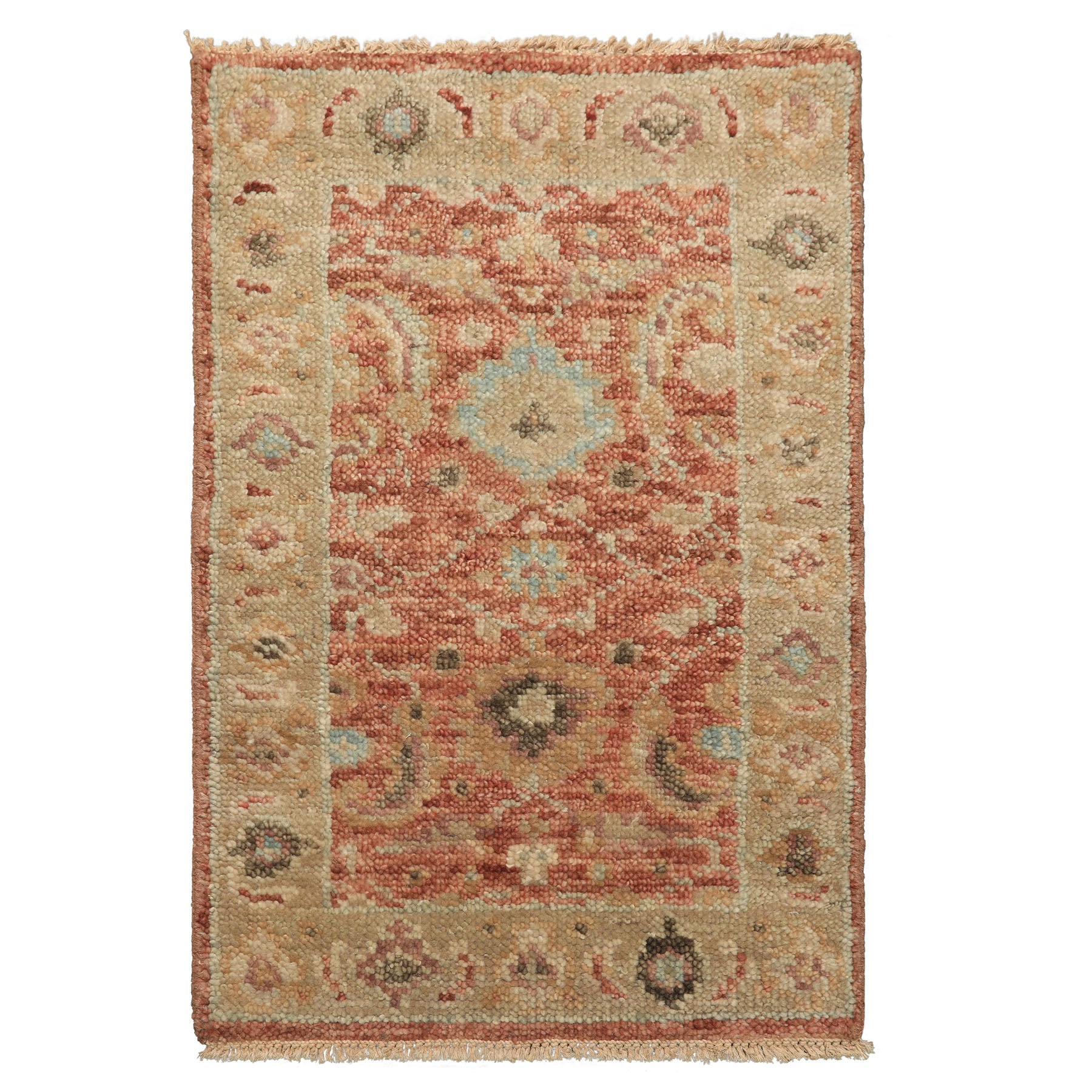 2x3 Rust, Beige, Aqua Color Hand Knotted Oushak Wool Transitional Oriental Rug
