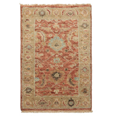 2x3 Rust, Beige, Aqua Color Hand Knotted Oushak Wool Transitional Oriental Rug