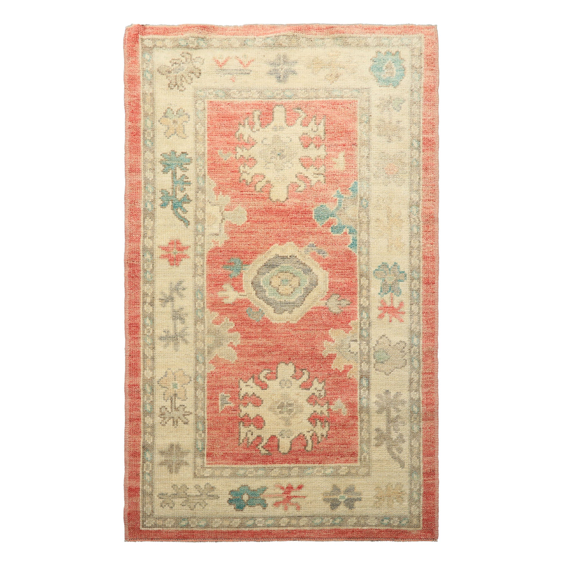 3x5 Coral, Ivory, Aqua Color Hand Knotted Oushak Wool Transitional Oriental Rug