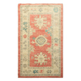 3x5 Coral, Ivory, Aqua Color Hand Knotted Oushak Wool Transitional Oriental Rug