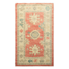 3x5 Coral, Ivory, Aqua Color Hand Knotted Oushak Wool Transitional Oriental Rug
