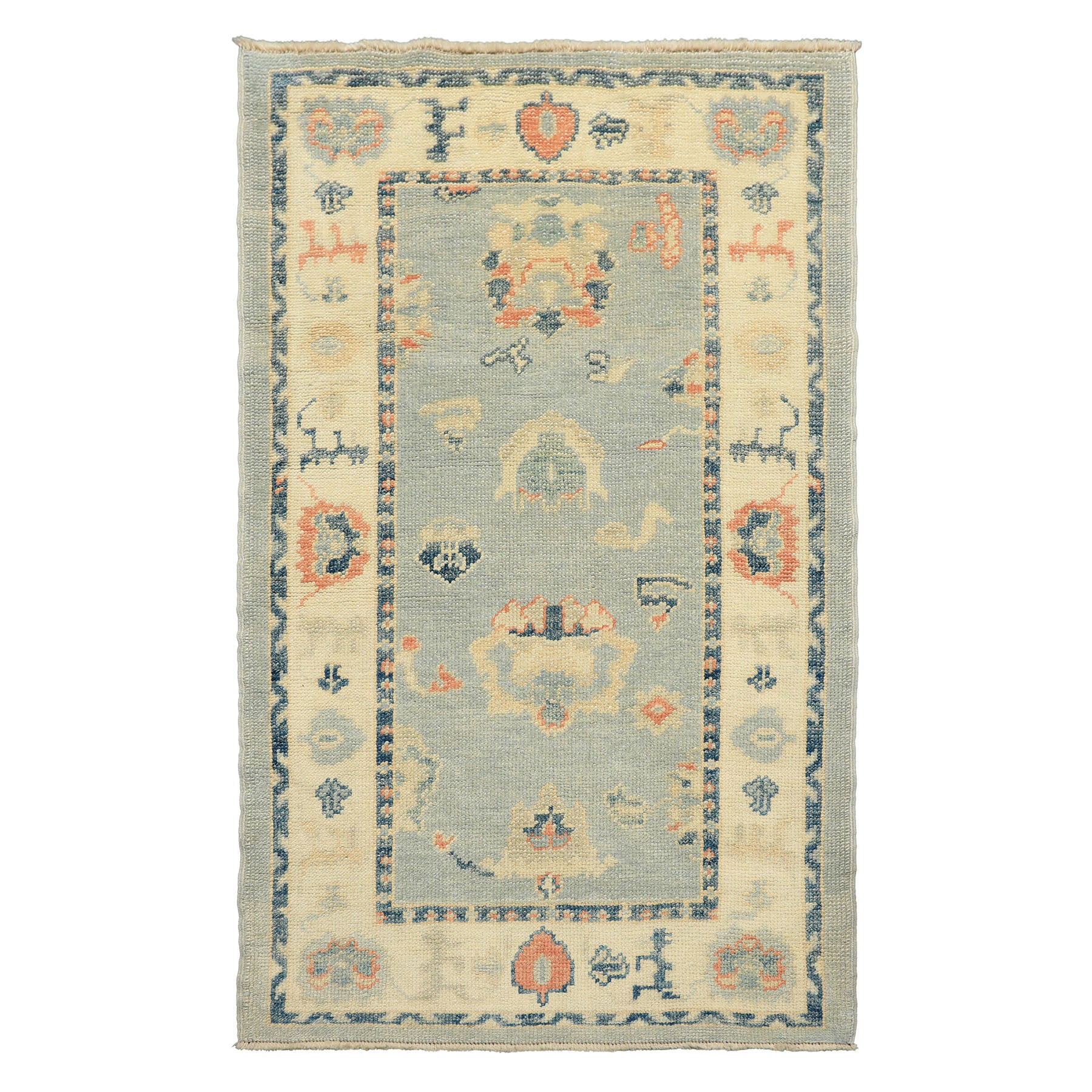 3x5 Light Blue, Ivory, Rose Color Hand Knotted Oushak Wool Transitional Oriental Rug