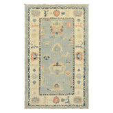 3x5 Light Blue, Ivory, Rose Color Hand Knotted Oushak Wool Transitional Oriental Rug