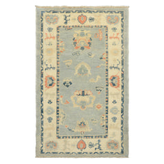 3x5 Light Blue, Ivory, Rose Color Hand Knotted Oushak Wool Transitional Oriental Rug