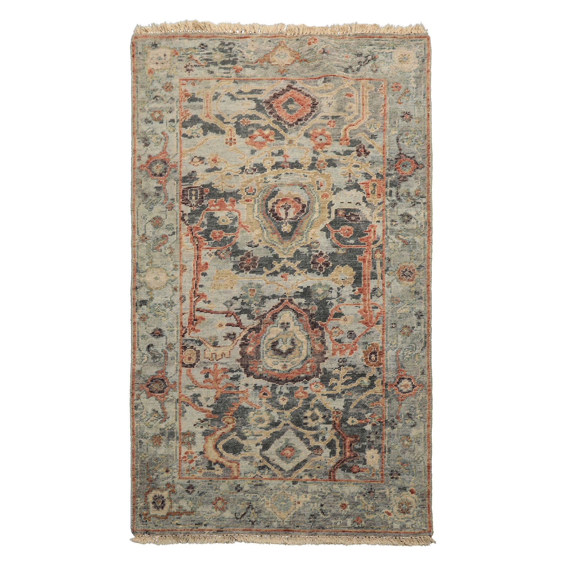 3x5 Mint, Beige, Rust Color Hand Knotted Oushak Wool Transitional Oriental Rug