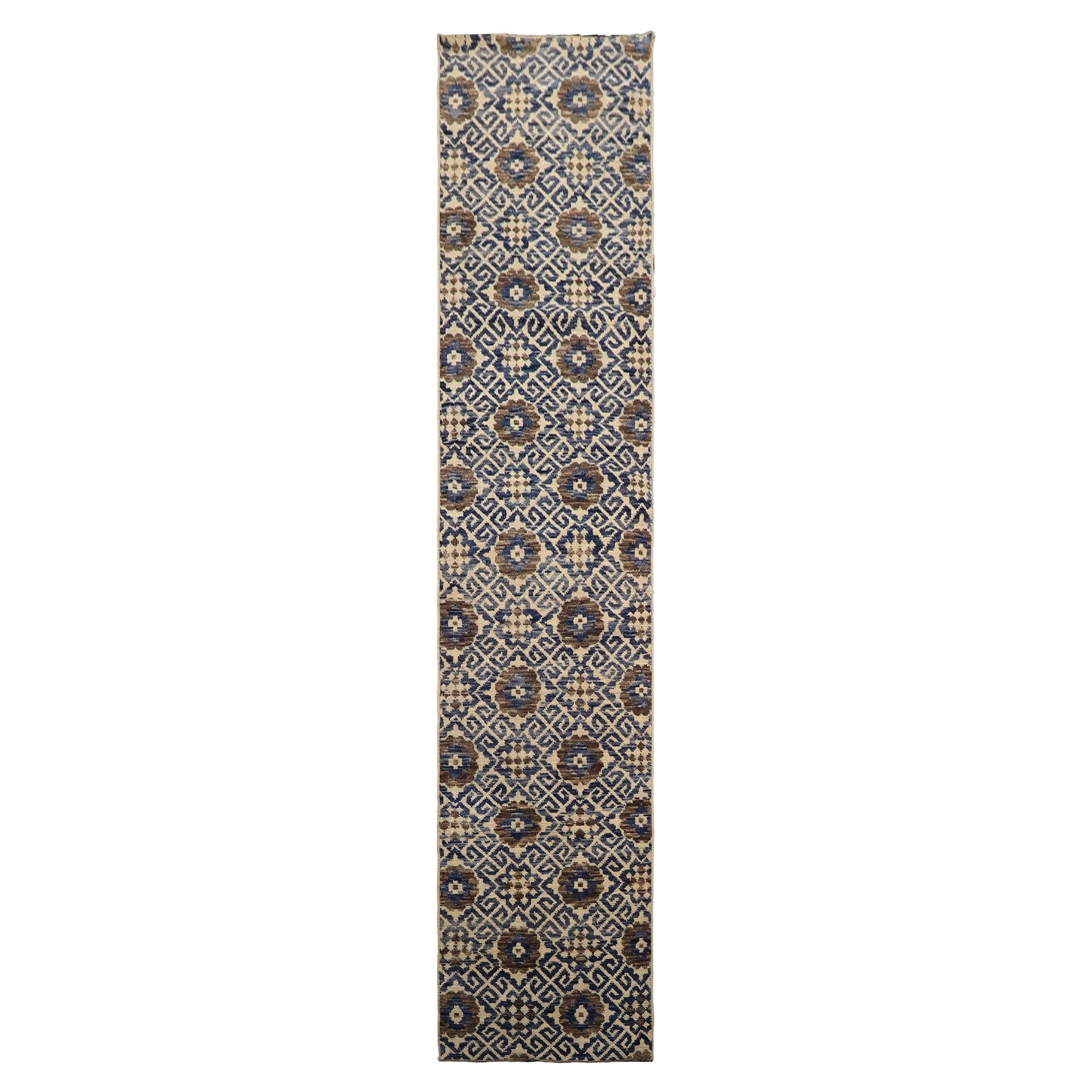 Runner Ivory, Blue, Brown Color Hand Knotted Oushak Wool Transitional Oriental Rug
