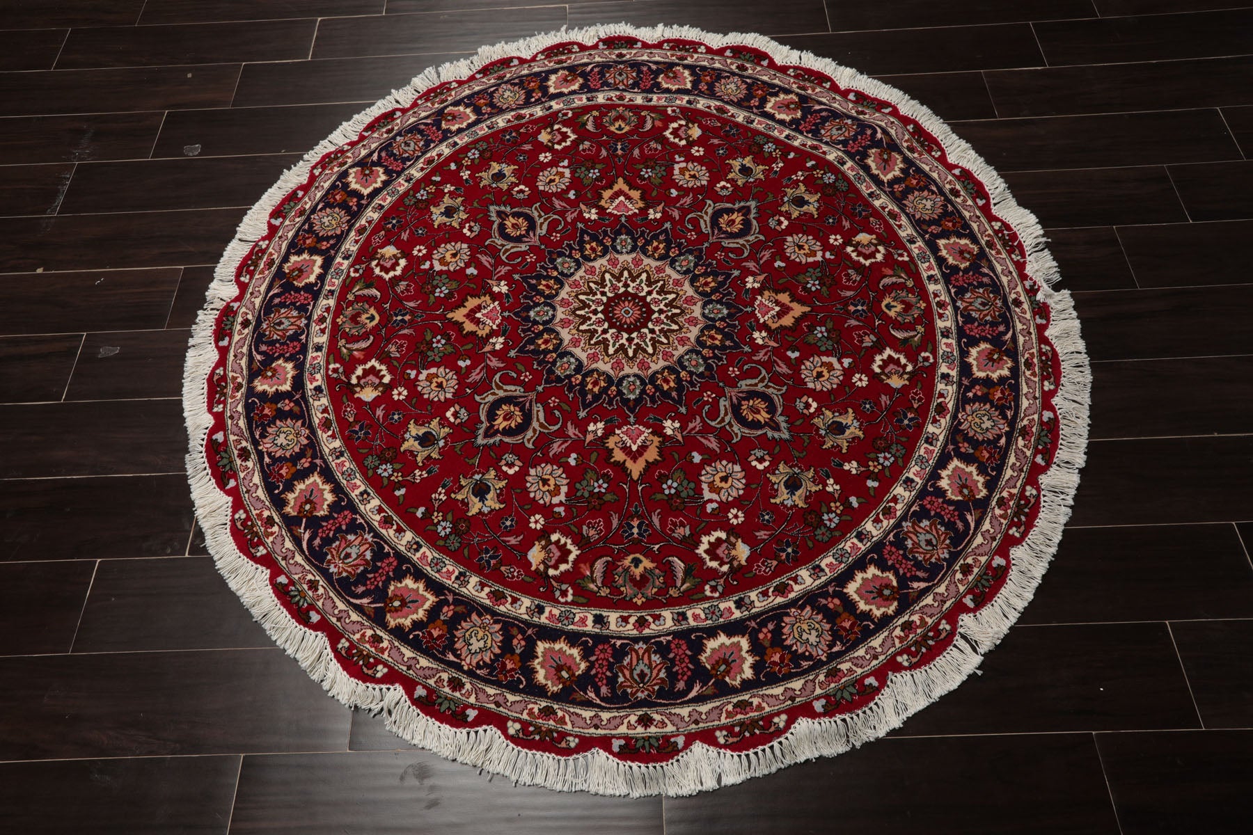 Round Burgundy, Navy, Ivory Color Hand Knotted Tabriz Round Wool Traditional Oriental Rug