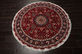 Round Burgundy, Navy, Ivory Color Hand Knotted Tabriz Round Wool Traditional Oriental Rug