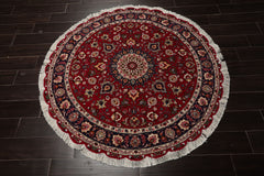 Round Burgundy, Navy, Ivory Color Hand Knotted Tabriz Round Wool Traditional Oriental Rug