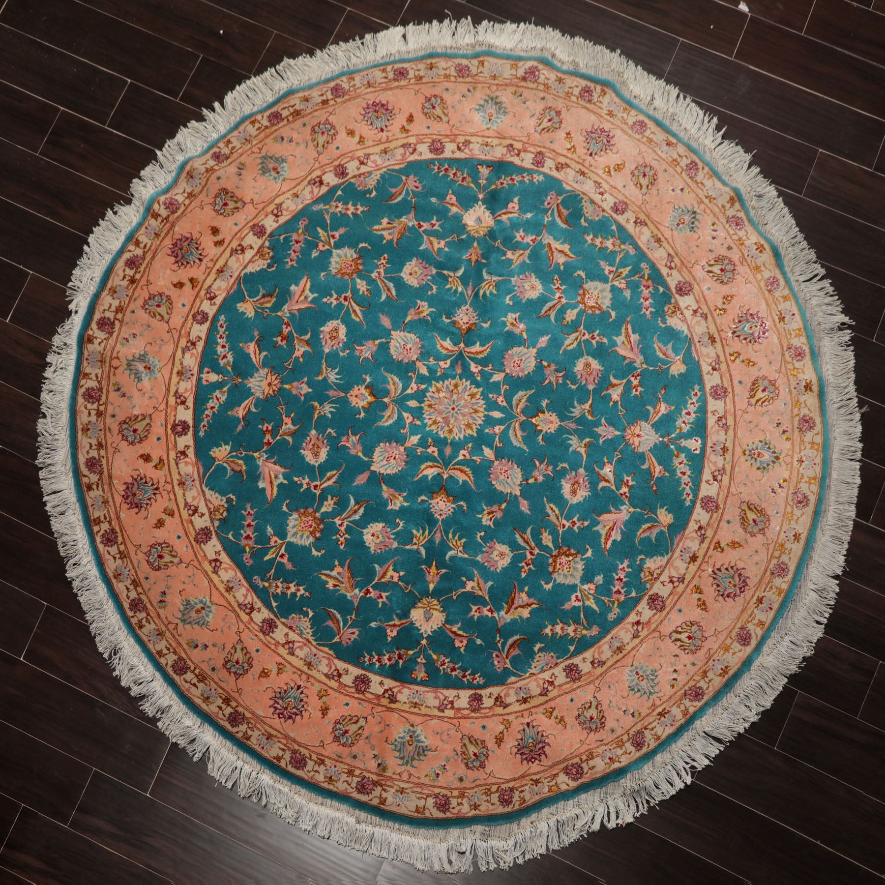 Round Turquoise, Rose, Beige Color Hand Knotted Tabriz Round Wool & Silk Traditional Oriental Rug