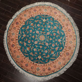 Round Turquoise, Rose, Beige Color Hand Knotted Tabriz Round Wool & Silk Traditional Oriental Rug