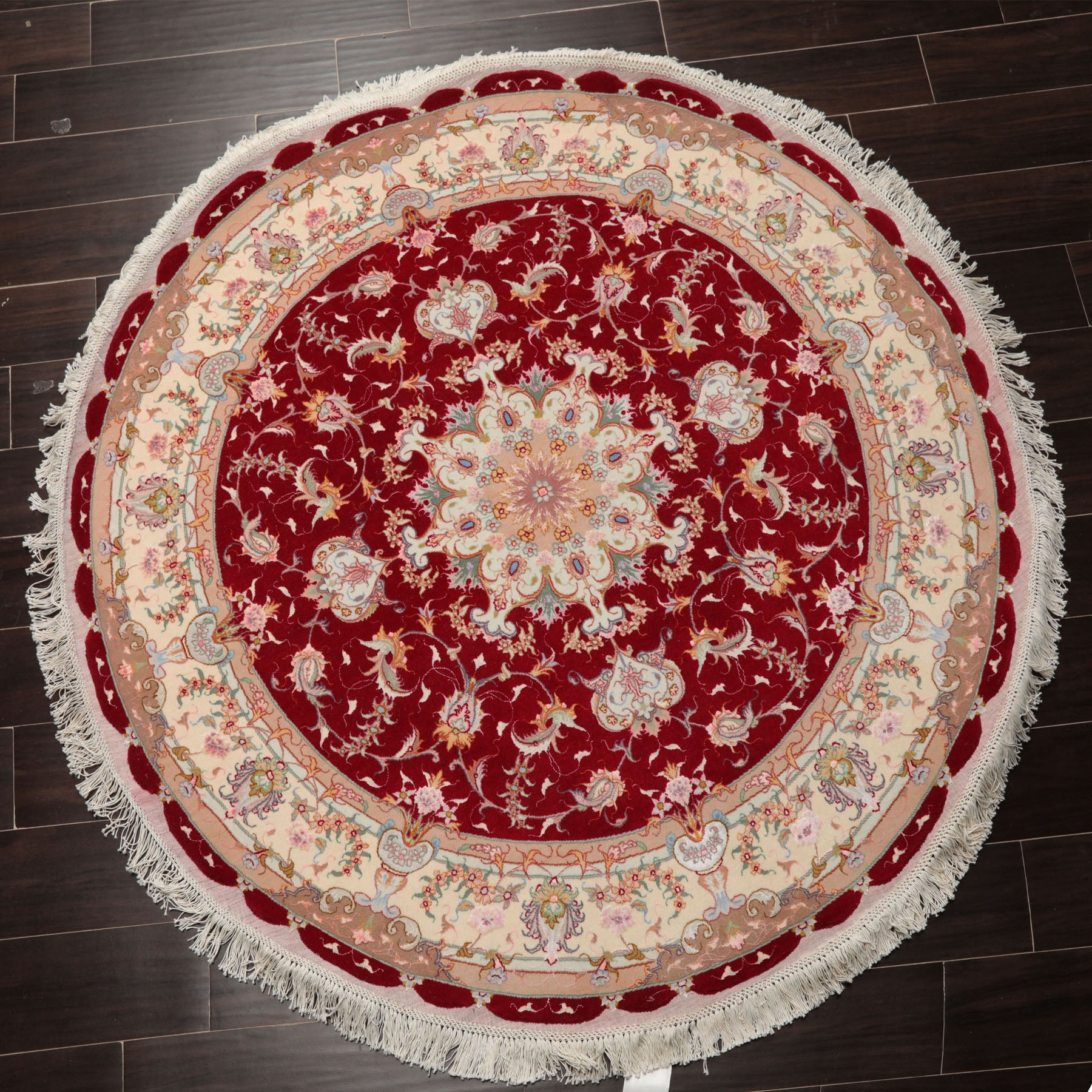 Round Red, Ivory, Peach Color Hand Knotted Tabriz Round Wool& Silk Traditional Oriental Rug
