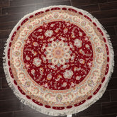 Round Red, Ivory, Peach Color Hand Knotted Tabriz Round Wool& Silk Traditional Oriental Rug