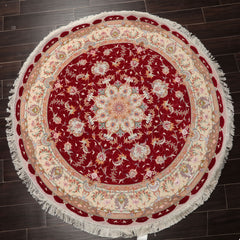 Round Red, Ivory, Peach Color Hand Knotted Tabriz Round Wool& Silk Traditional Oriental Rug