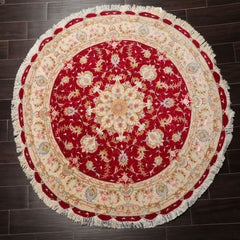 Round Red, Ivory, Blue Color Hand Knotted Tabriz Round Wool& Silk Traditional Oriental Rug
