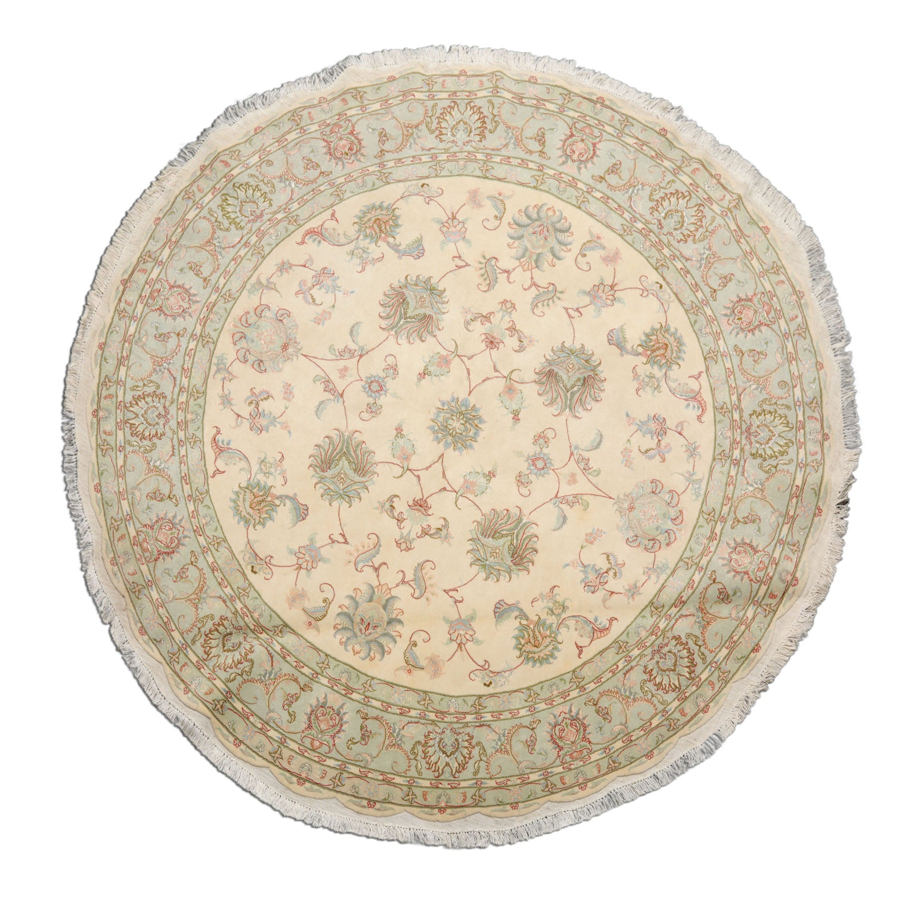 Round Ivory, Mint, Aqua Color Hand Knotted Tabriz Round Wool & Silk Traditional Oriental Rug