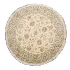 Round Ivory, Mint, Aqua Color Hand Knotted Tabriz Round Wool & Silk Traditional Oriental Rug
