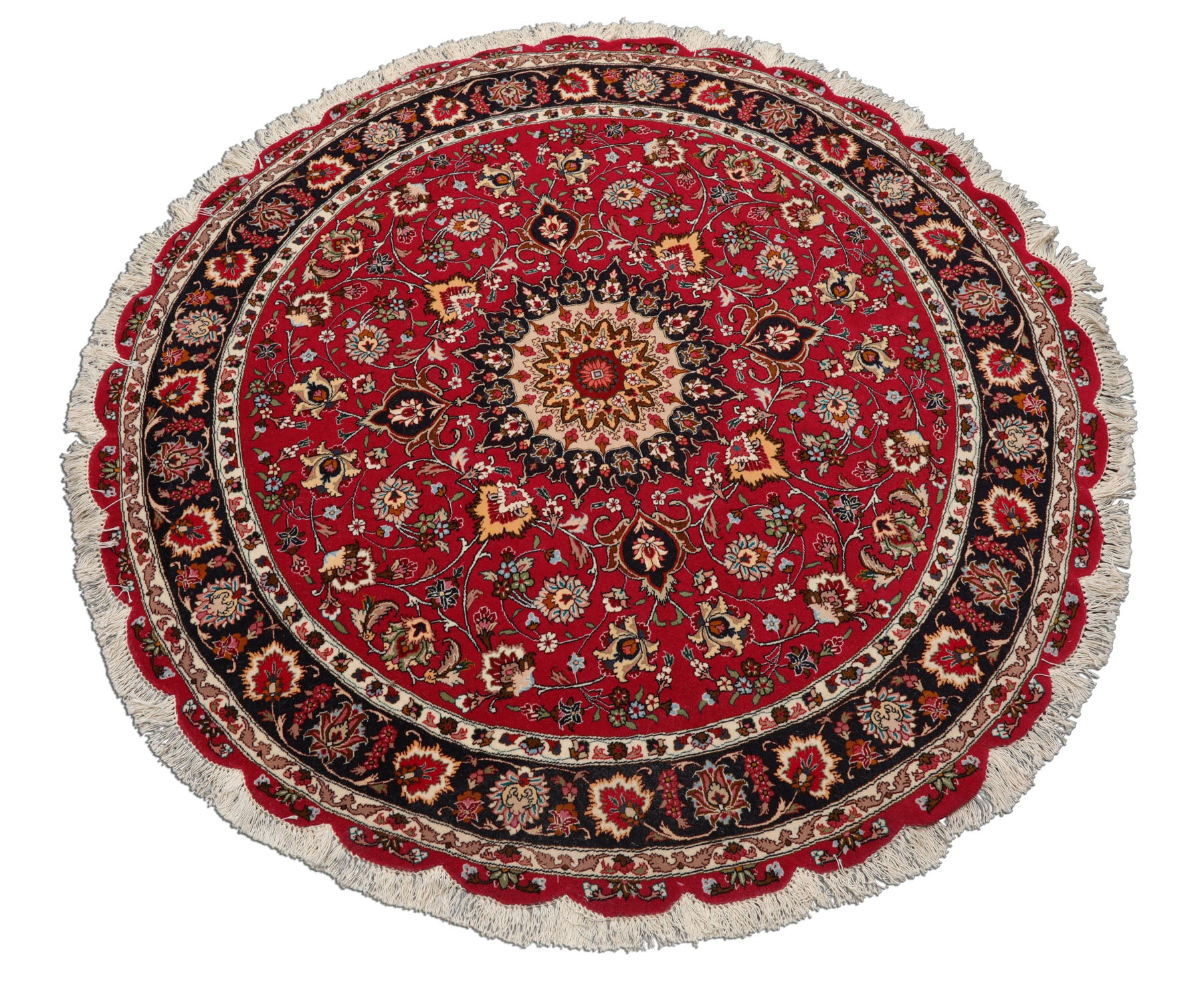 Round Burgundy, Black, Ivory Color Hand Knotted Tabriz Round Wool & Silk Traditional Oriental Rug