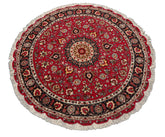 Round Burgundy, Black, Ivory Color Hand Knotted Tabriz Round Wool & Silk Traditional Oriental Rug