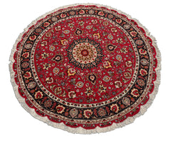Round Burgundy, Black, Ivory Color Hand Knotted Tabriz Round Wool & Silk Traditional Oriental Rug