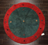 Round Green, Red, Gold Color Hand Knotted Gabbeh Wool Modern & Contemporary Oriental Rug