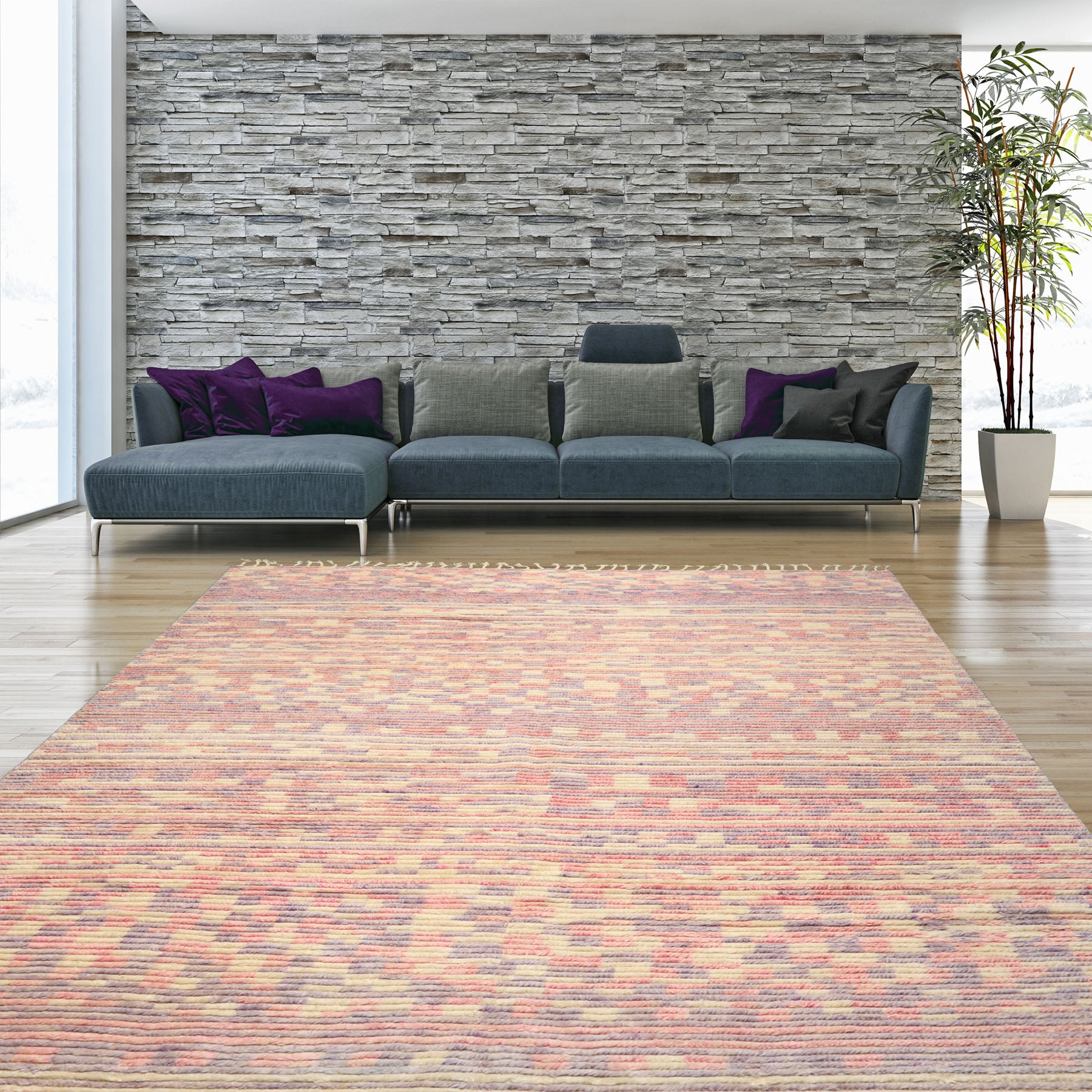 8x10 Ivory, Blush, Lavender Color Hand Knotted Moroccan Wool Modern & Contemporary Oriental Rug