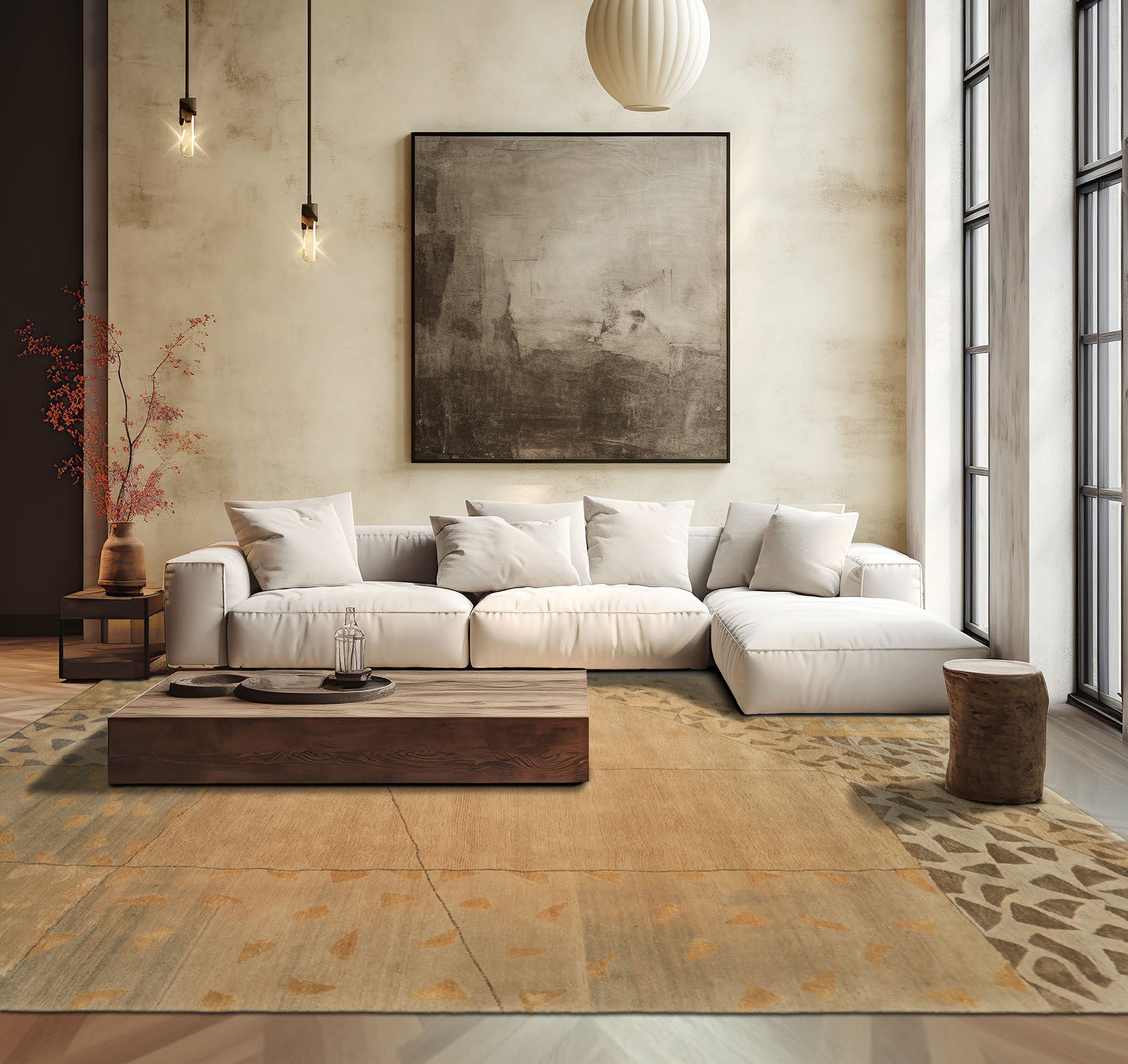 6x9 Beige, Gray, Gold Color Hand Knotted Tibetan Wool & Silk Modern & Contemporary Oriental Rug