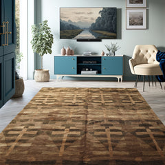 8x10 Moss, Brown, Beige Color Hand Knotted Tibetan Wool & Silk Modern & Contemporary Oriental Rug