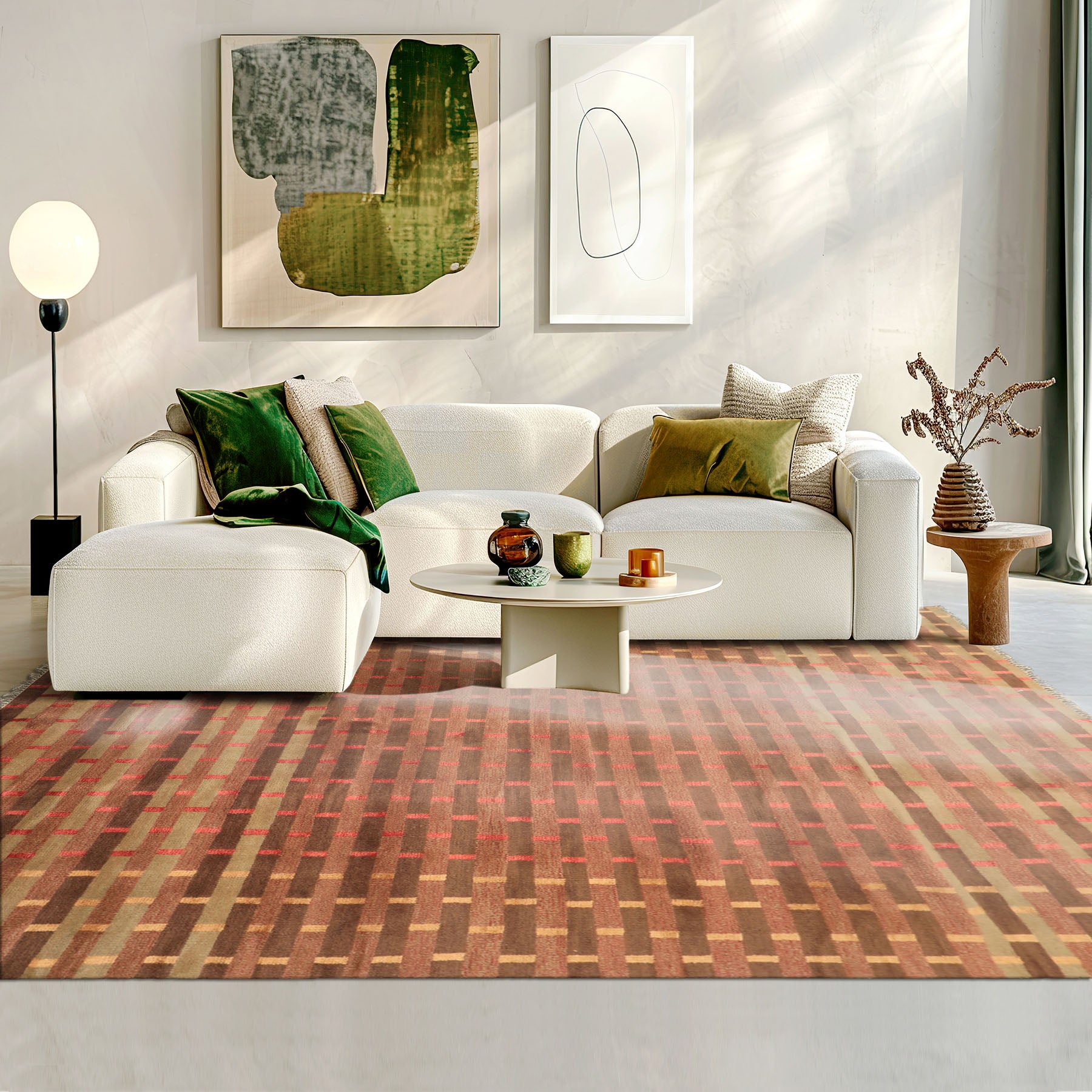 8x10 Raspberry, Rust, Moss Color Hand Knotted Tibetan Wool & Pure Silk Contemporary Oriental Rug