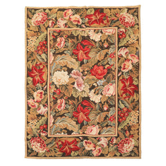 4x6 Green, Gold, Red Color Hand Woven French Aubusson Needlepoint Wool Traditional Oriental Rug