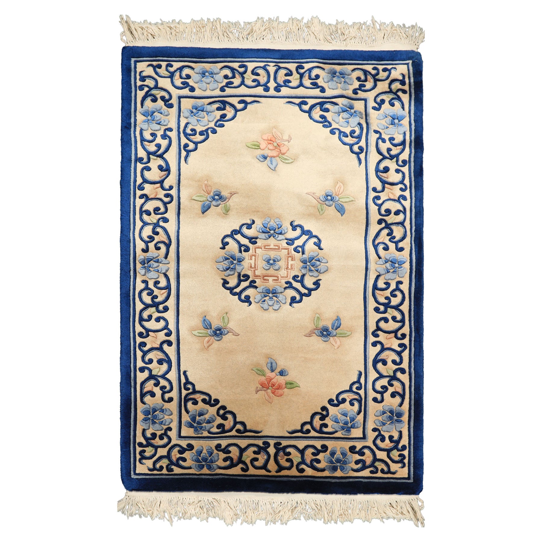 3x5 Beige, Navy, Blush Color Hand Knotted French Aubusson Savonnerie Wool Traditional Oriental Rug