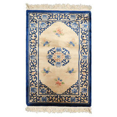 3x5 Beige, Navy, Blush Color Hand Knotted French Aubusson Savonnerie Wool Traditional Oriental Rug