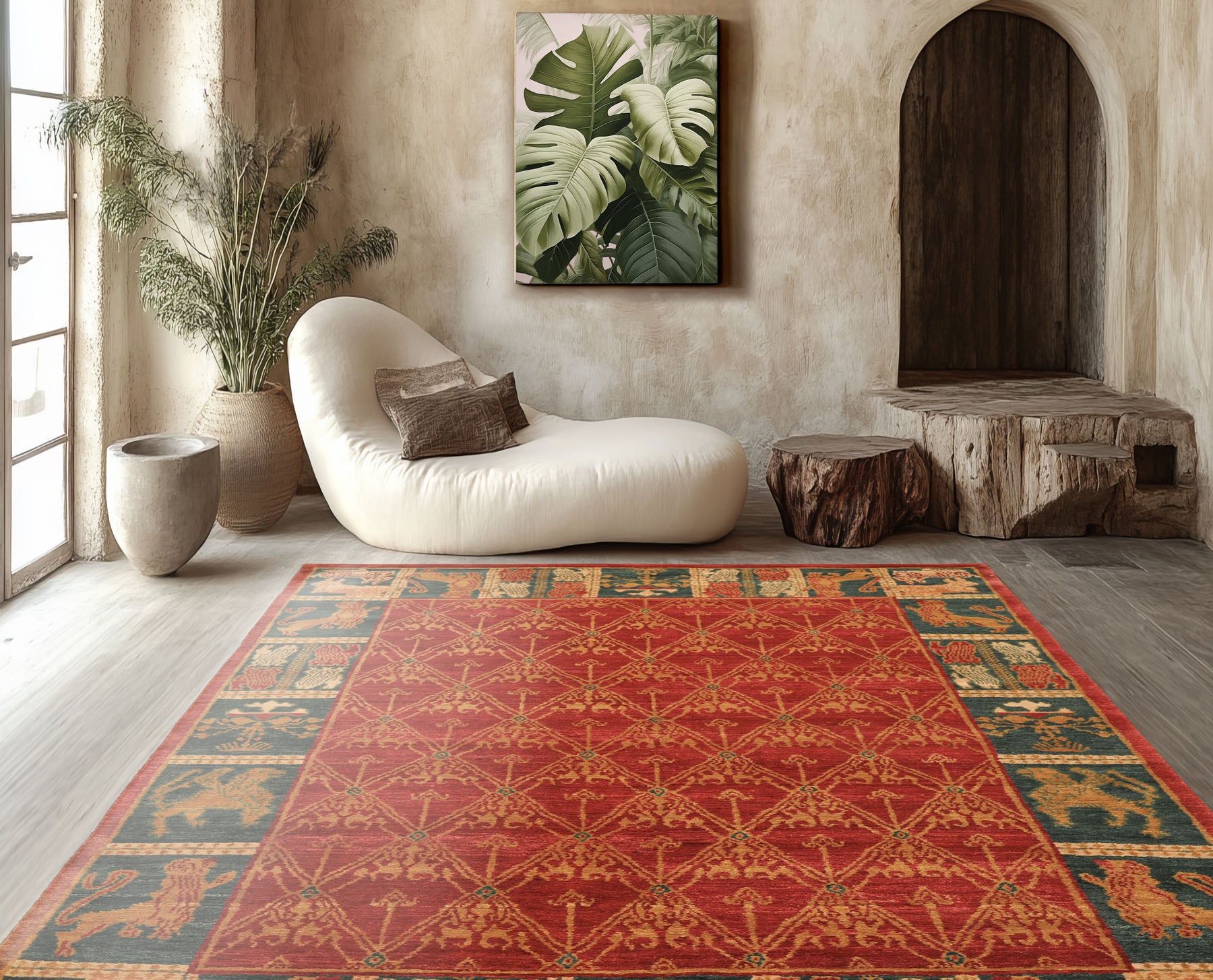 6x9 Rusty Red, Teal, Ivory Color Hand Knotted Tibetan Wool Arts & Crafts Oriental Rug