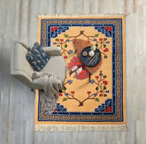 4x6 Tan, Navy, Coral Color Hand Knotted Tibetan Wool Chinese Art Deco Oriental Rug