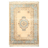 4x6 Ivory, Aqua, Tan Color Hand Knotted Indo Kerman Wool Traditional Oriental Rug
